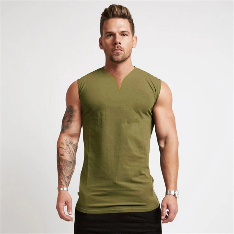 Summer Cotton V-Neck Fitness Tank Top Men Gym Clothing Bodybuilding Sleeveless Shirt Workout Fashion Sports Singlets Muscle Vest